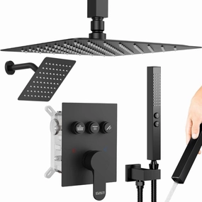 Shower Faucet Set Matte Black Shower System, 12" Ceiling Rainfall Shower and 6" Wall Mount Rain Shower with 2 in 1 Handheld, Can Use All at Once, Pressure Balance Rough-in Valve and Trim Kit