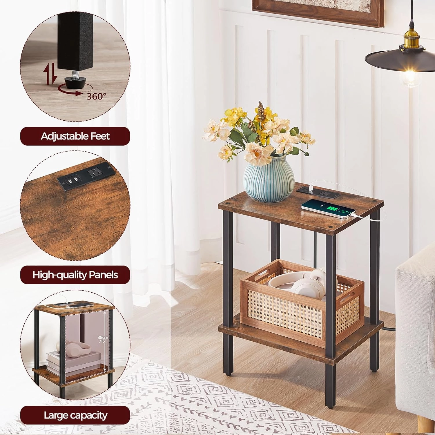 Side Table Set of 2, End Table with Charging Station, Nightstand with USB Ports and Outlet, Wooden Bedside Table for Small Space,Living Room, Bedroom, Easy Assembly, Rustic Brown ETHR79E01S2