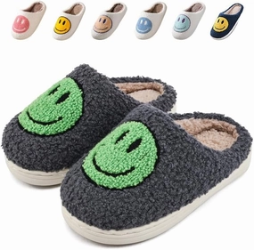 Sierlos Cute Kids' Plush Preppy Slippers - Happy Face Soft Memory Foam Fuzzy Slip-Ons for Indoor/Outdoor Use