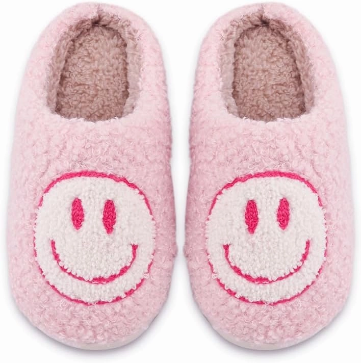 Sierlos Cute Kids' Plush Preppy Slippers - Happy Face Soft Memory Foam Fuzzy Slip-Ons for Indoor/Outdoor Use