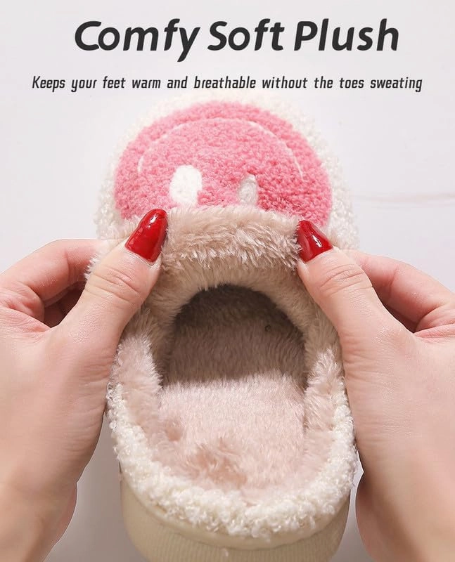 Sierlos Cute Kids' Plush Preppy Slippers - Happy Face Soft Memory Foam Fuzzy Slip-Ons for Indoor/Outdoor Use