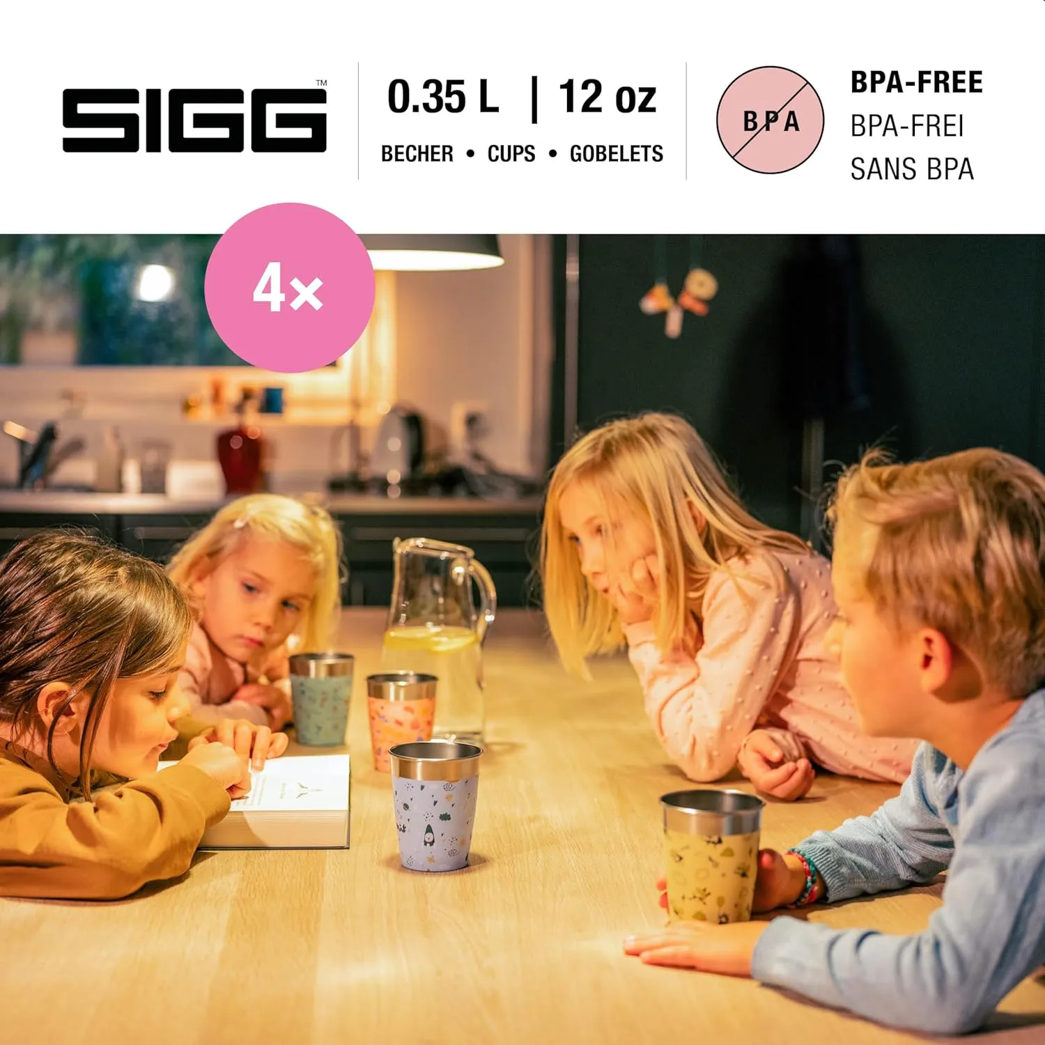 SIGG - 4x Kids Cup Set Animals - Stainless Steel - No Plastic - Durable - Dishwasher Safe - for Baby Girls, Boys - 12 oz
