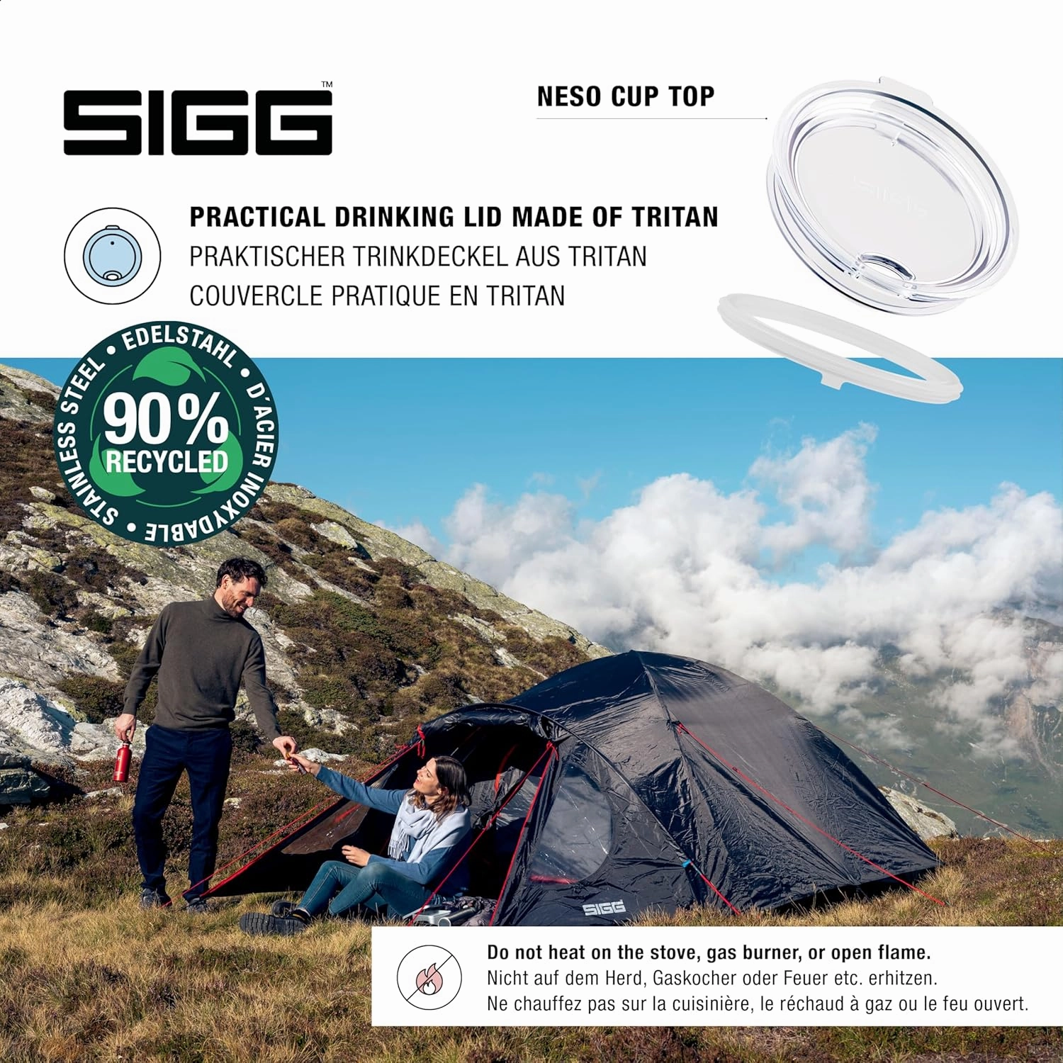 SIGG - Camping Mug with Lid - Double-Wall Insulated - Recycled Stainless Steel - Stackable - Hook Handle - Hiking, 10Oz