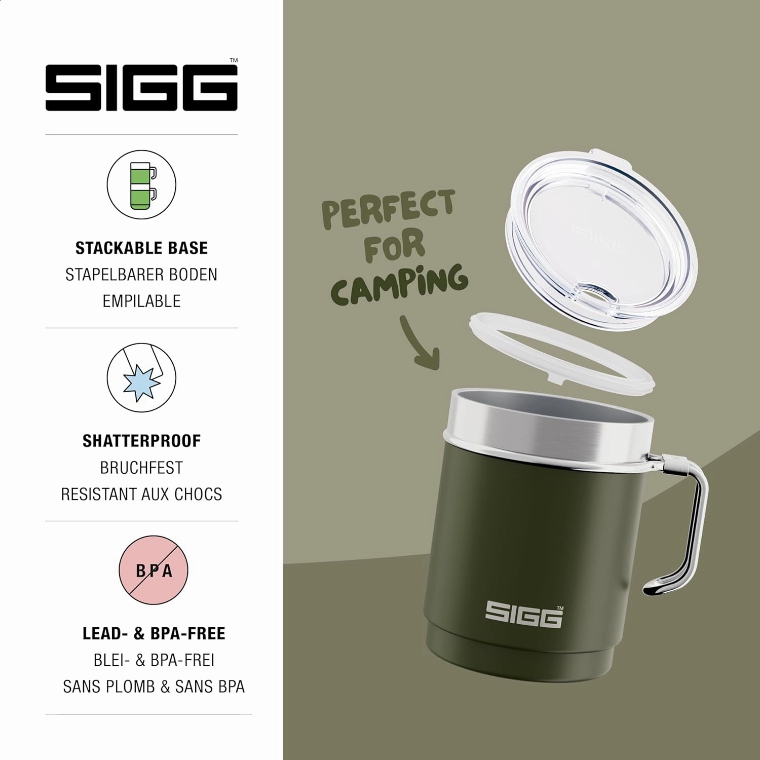 SIGG - Camping Mug with Lid - Double-Wall Insulated - Recycled Stainless Steel - Stackable - Hook Handle - Hiking, 10Oz