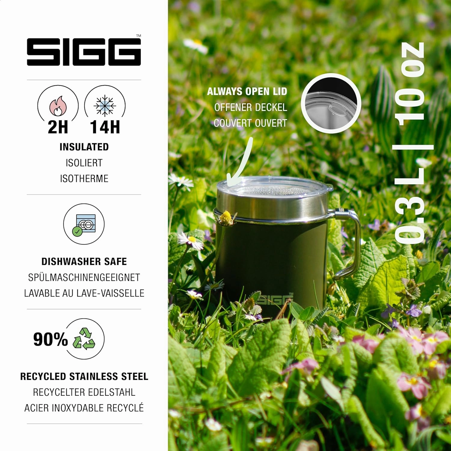 SIGG - Camping Mug with Lid - Double-Wall Insulated - Recycled Stainless Steel - Stackable - Hook Handle - Hiking, 10Oz