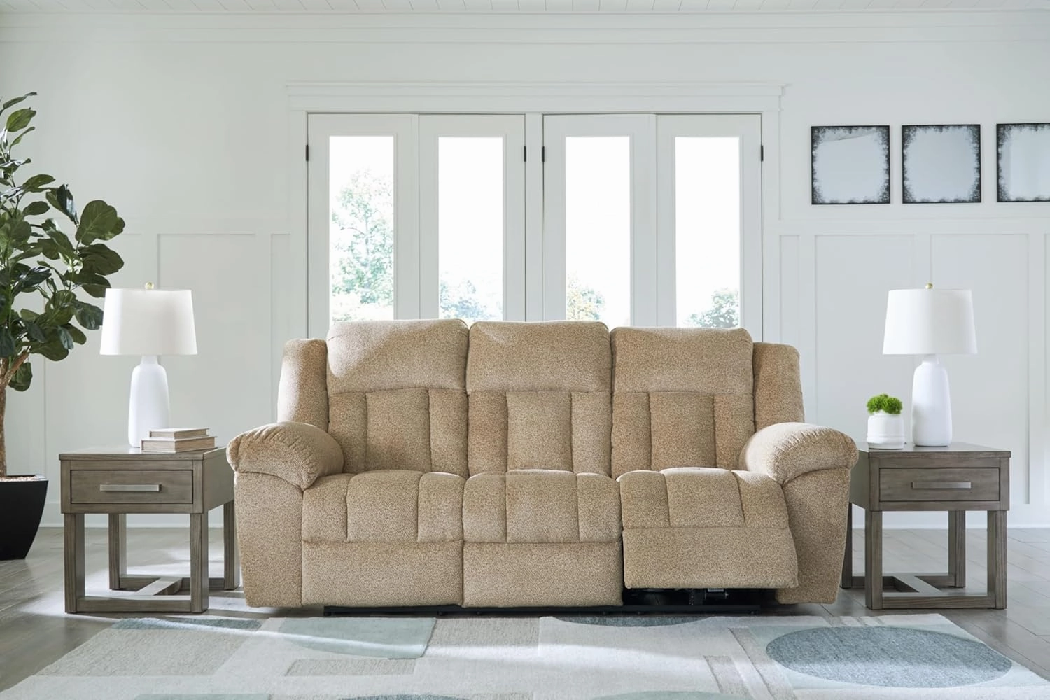 Signature Design by Ashley Tip-Off Classic Wall Hugger Power Reclining Sofa with Adjustable Headrest and USB Ports, Light Brown