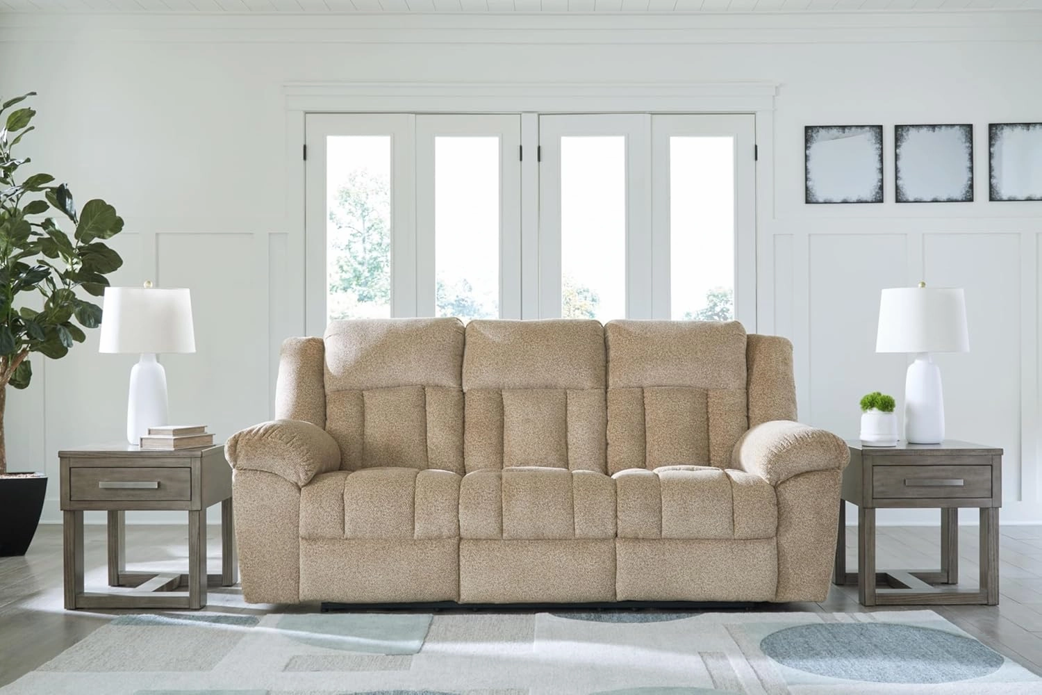 Signature Design by Ashley Tip-Off Classic Wall Hugger Power Reclining Sofa with Adjustable Headrest and USB Ports, Light Brown