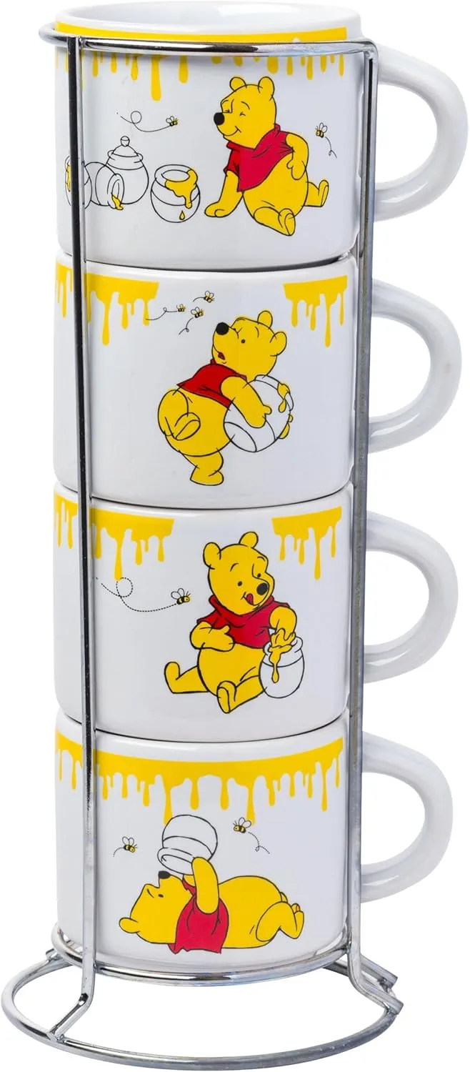 Silver Buffalo Disney Winnie the Pooh Honey Hunny Drips 4pc Stackable Ceramic Espresso Small Cup Set, 3 Ounces