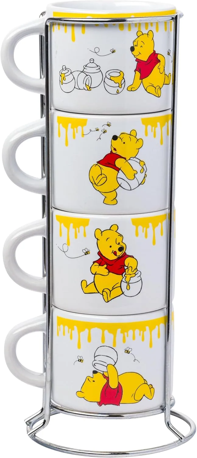 Silver Buffalo Disney Winnie the Pooh Honey Hunny Drips 4pc Stackable Ceramic Espresso Small Cup Set, 3 Ounces