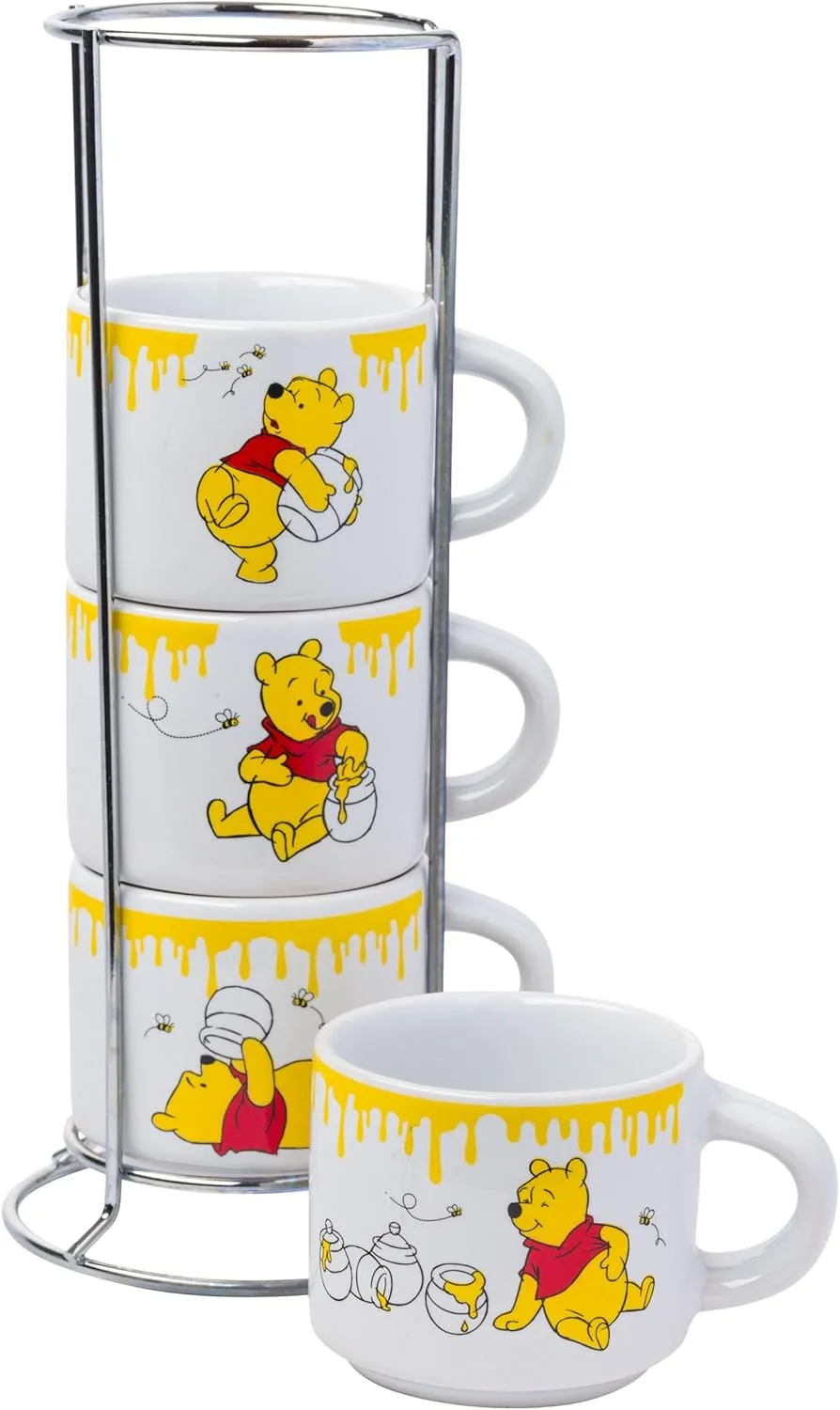Silver Buffalo Disney Winnie the Pooh Honey Hunny Drips 4pc Stackable Ceramic Espresso Small Cup Set, 3 Ounces