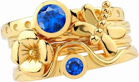 Silvershake Set of 4 Round Shape Gemstone Antique Finishing or Yellow Gold Plated 925 Sterling Silver Dragonfly and Flower Stackable Rings Jewelry for Women Multiple way of Wear