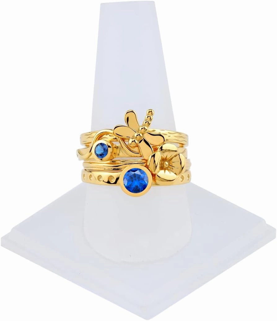 Silvershake Set of 4 Round Shape Gemstone Antique Finishing or Yellow Gold Plated 925 Sterling Silver Dragonfly and Flower Stackable Rings Jewelry for Women Multiple way of Wear