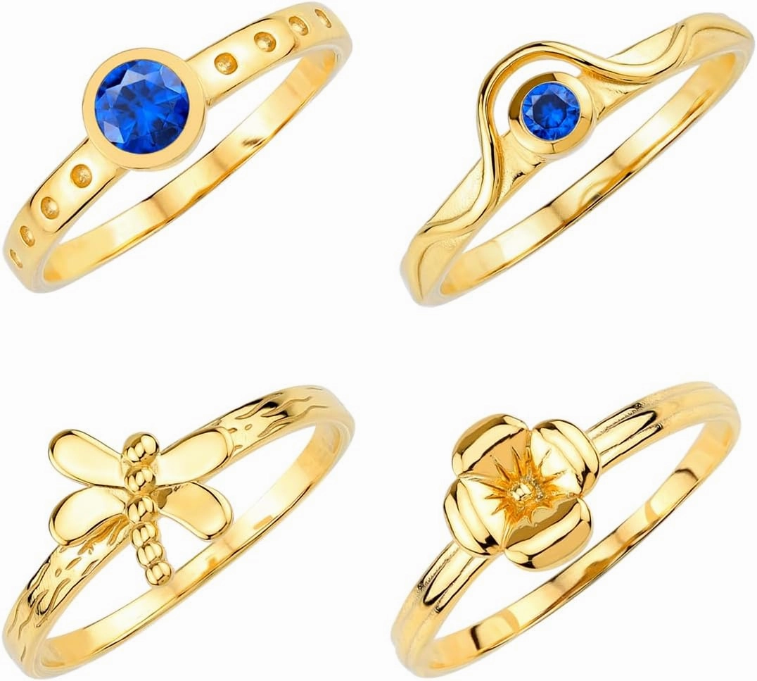 Silvershake Set of 4 Round Shape Gemstone Antique Finishing or Yellow Gold Plated 925 Sterling Silver Dragonfly and Flower Stackable Rings Jewelry for Women Multiple way of Wear