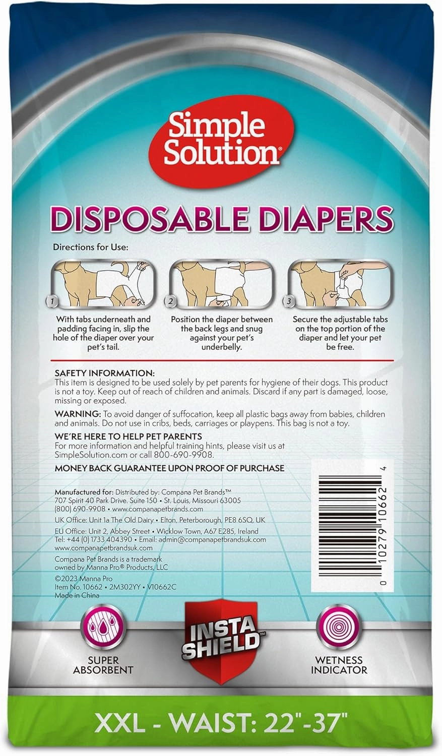 Simple Solution Dog Diapers Female, Dog Diapers, Potty Training, Super Absorbent, Breathable, Wetness Indicator for Urination, 22-37 Inch Waist, (XXL, 30ct)
