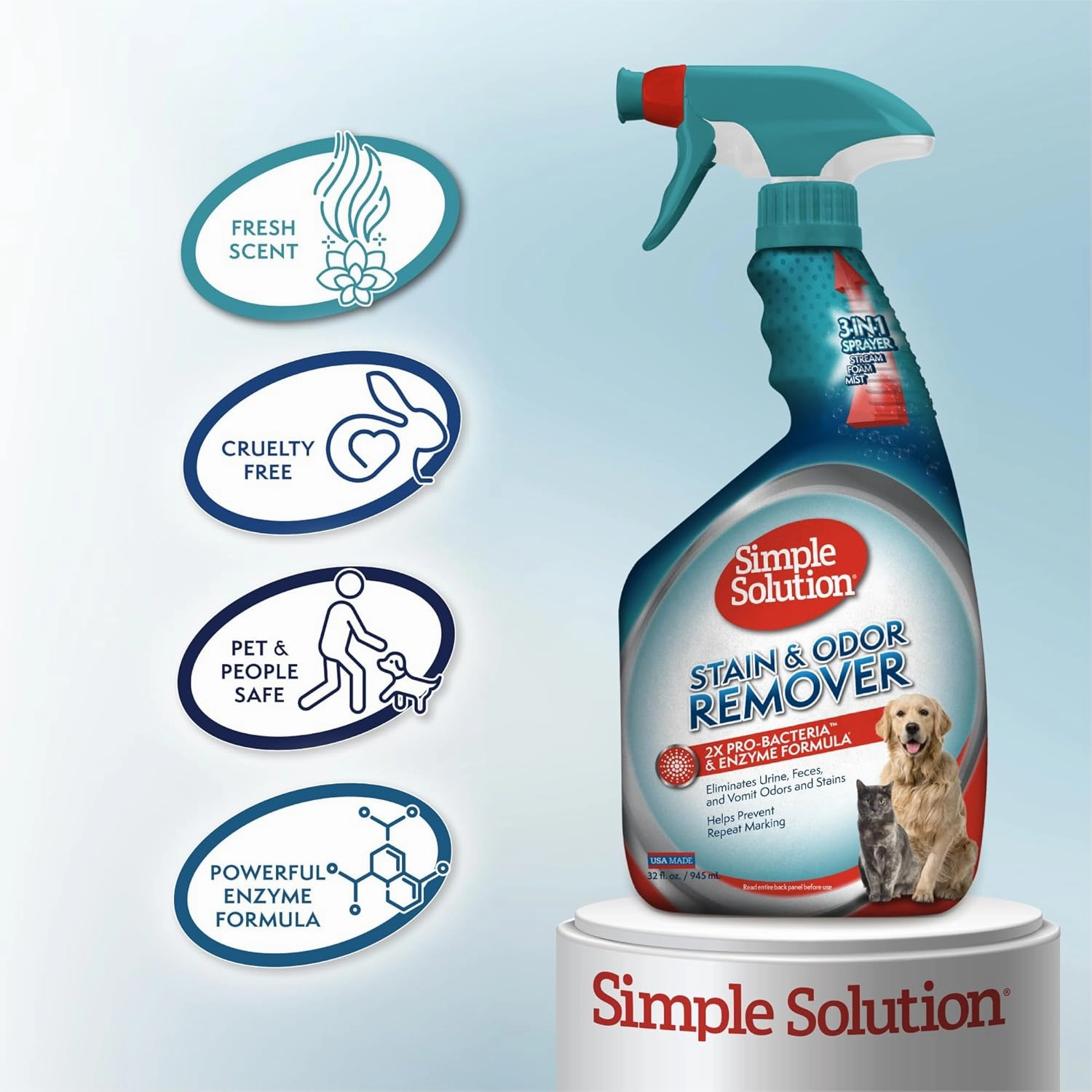 Simple Solution Stain & Odor Eliminator for Pets, Carpet Deodorizer, Enzyme Pet Odor Eliminator for Home, Stain Remover for Cat & Dog Pee, Urine Destroyer, Carpet Cleaner Spray, 32 oz