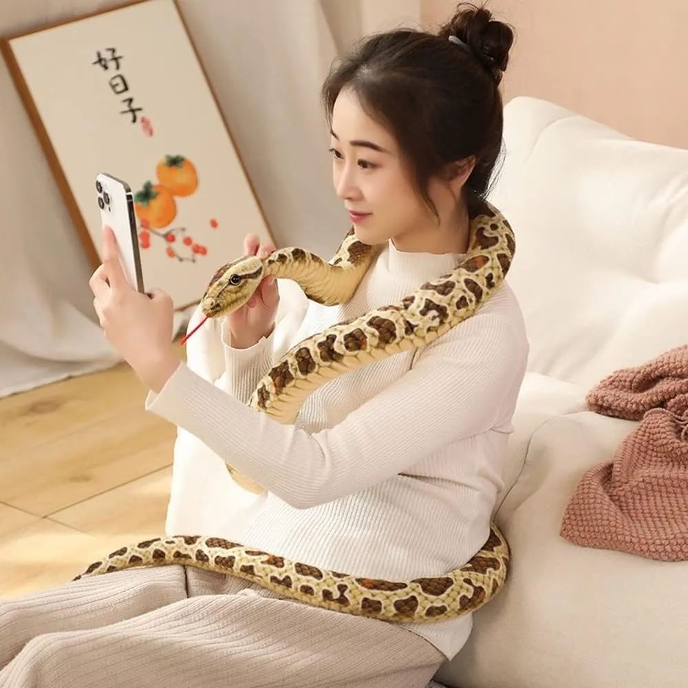 Simulated Python Snake Plush Toy Giant Piebald Python Long Stuffed Snake Plushie Pillow Children Boys Gift Home Decoration (Brown,110 inch)