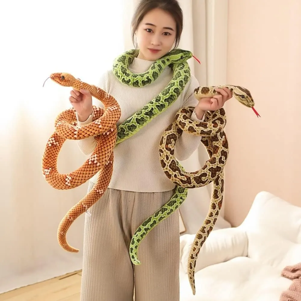 Simulated Python Snake Plush Toy Giant Piebald Python Long Stuffed Snake Plushie Pillow Children Boys Gift Home Decoration (Brown,110 inch)