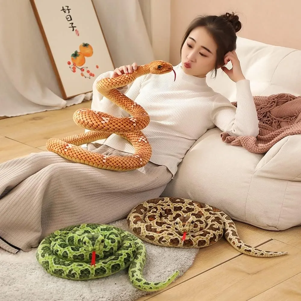 Simulated Python Snake Plush Toy Giant Piebald Python Long Stuffed Snake Plushie Pillow Children Boys Gift Home Decoration (Brown,110 inch)
