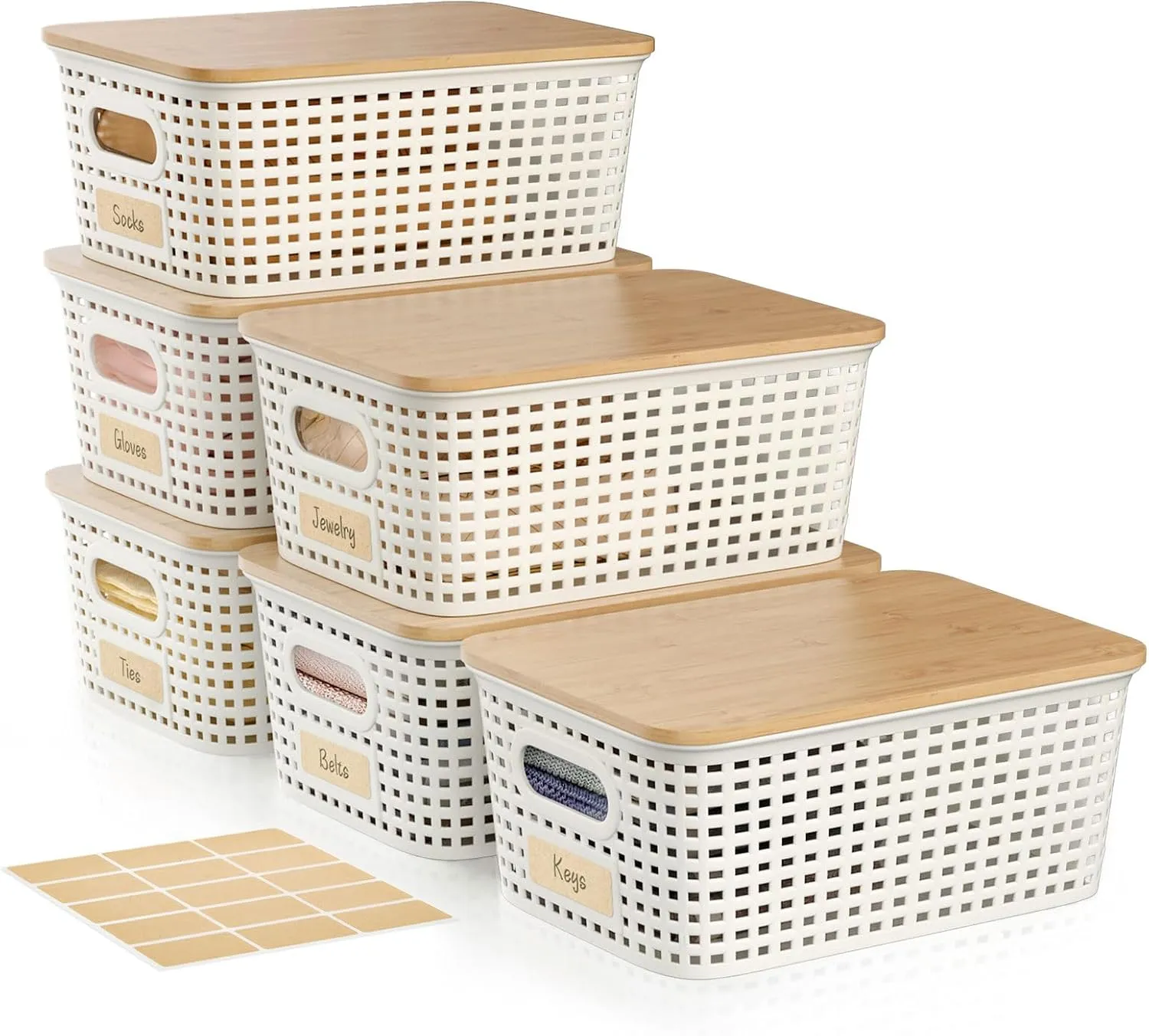 Small 5 Quart Plastic Storage Bin with Bamboo Lid, Stackable Decorative Storage Basket Box Containers with Label for Organizing shelves Closet Office Classroom, White 6 Pack