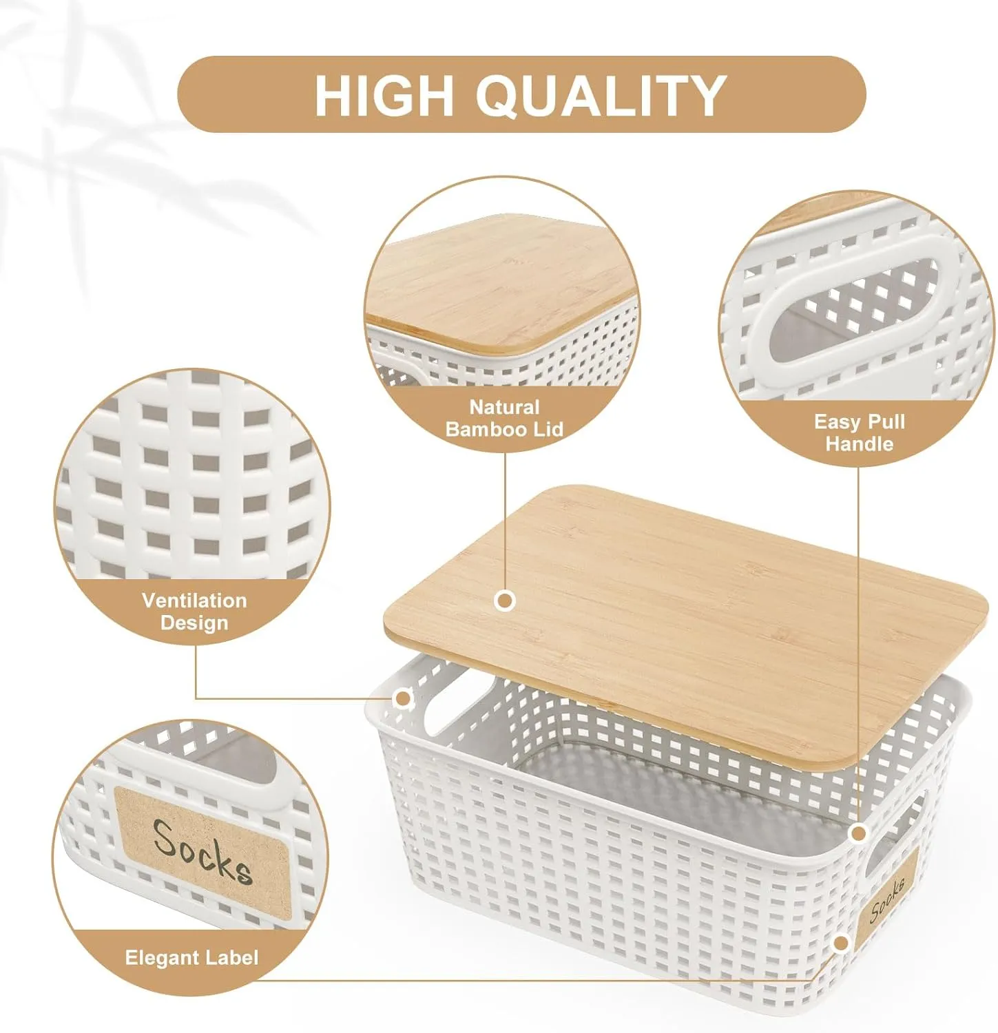 Small 5 Quart Plastic Storage Bin with Bamboo Lid, Stackable Decorative Storage Basket Box Containers with Label for Organizing shelves Closet Office Classroom, White 6 Pack
