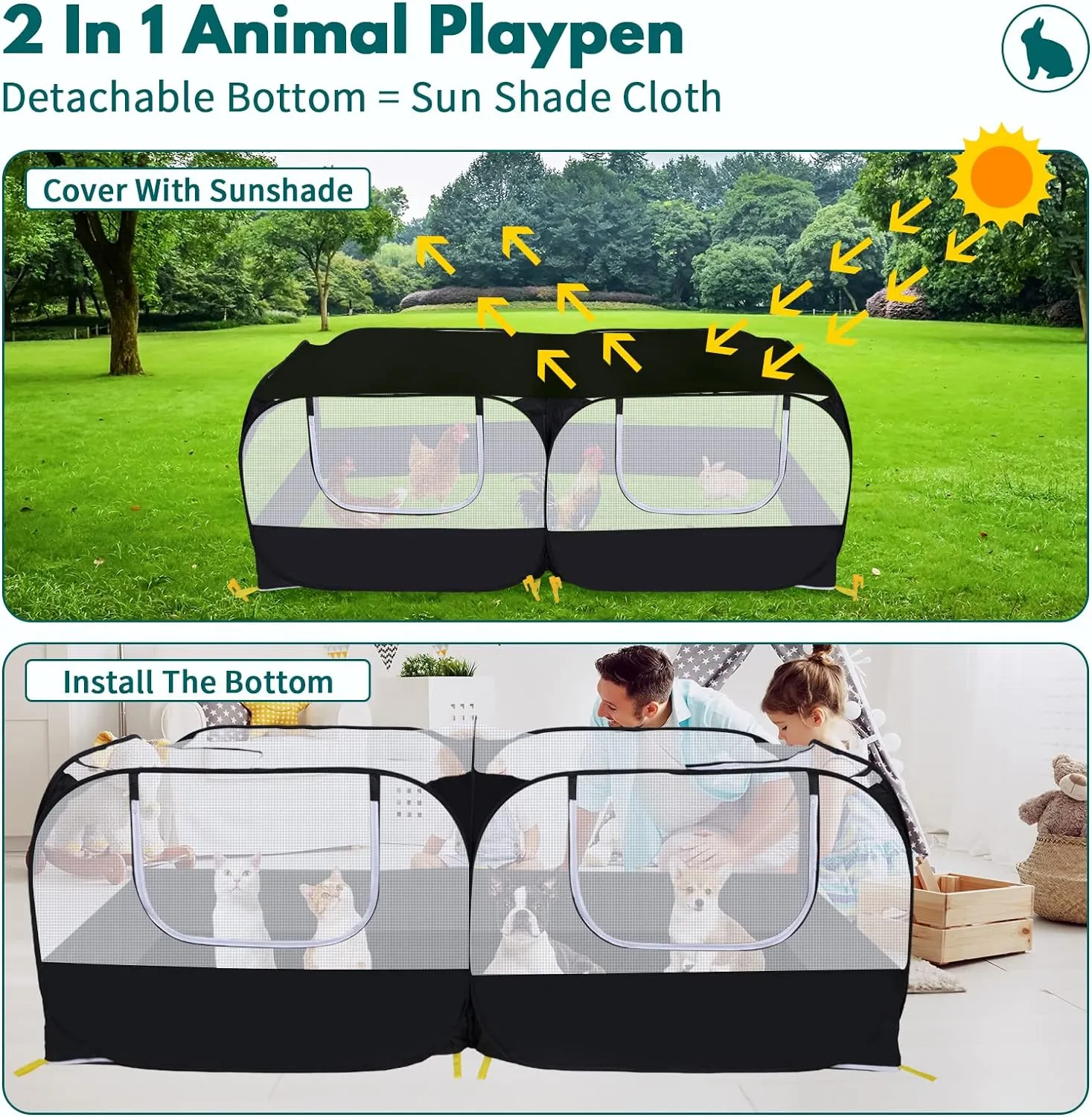 Small Animals Playpen,Pet Cage Tent Large Chicken Run Coop with Detachable Bottom Breathable Transparent Mesh Walls, Foldable Pet Enclosure for Puppy Kitten Rabbits Indoor Outdoor playpen