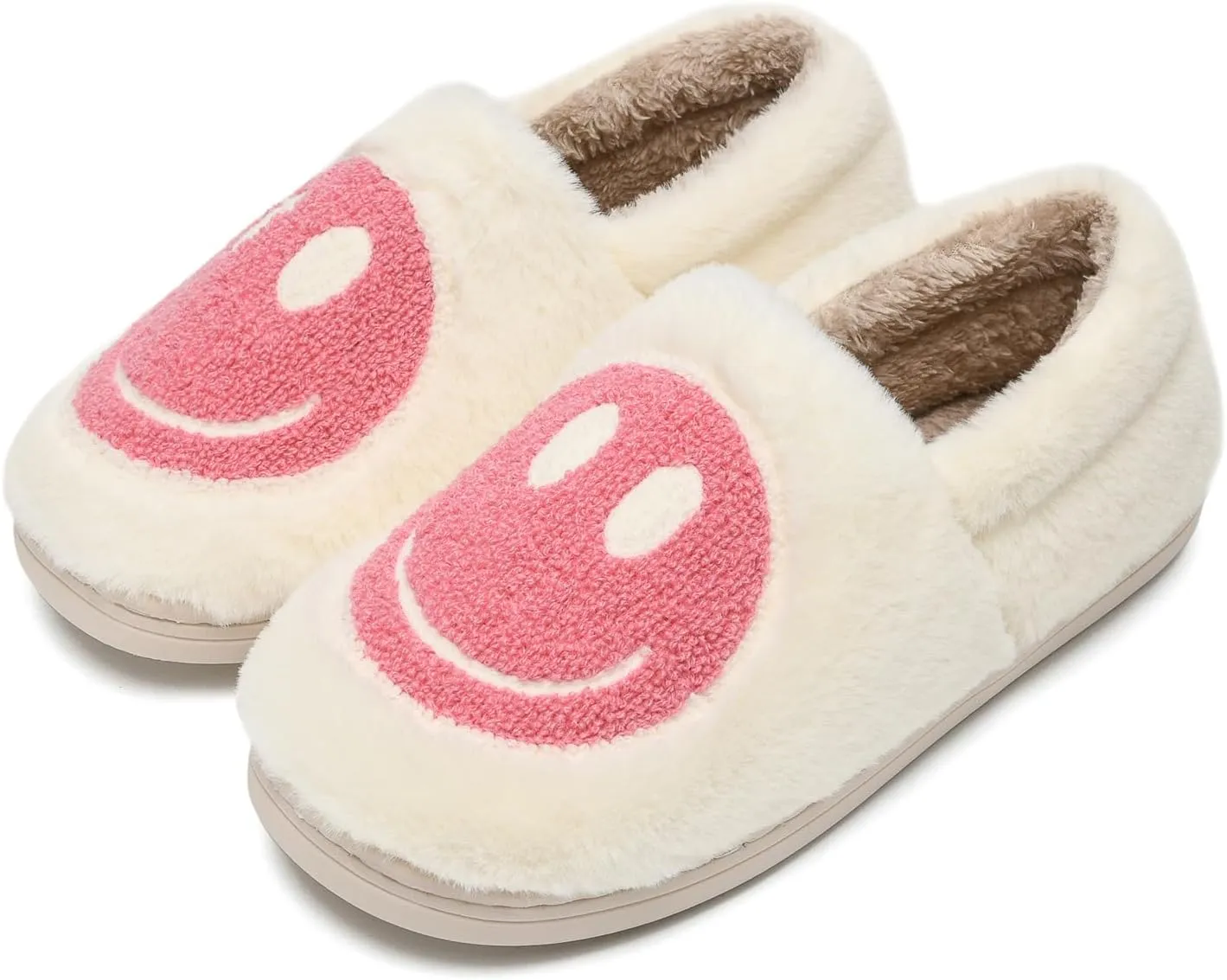 Smile Face Slippers,Retro Soft Plush Smile Fleece Lined House Shoes for Women Fuzzy Memory Foam Closed Back Slippers Anti Skid TPR Soft Sole