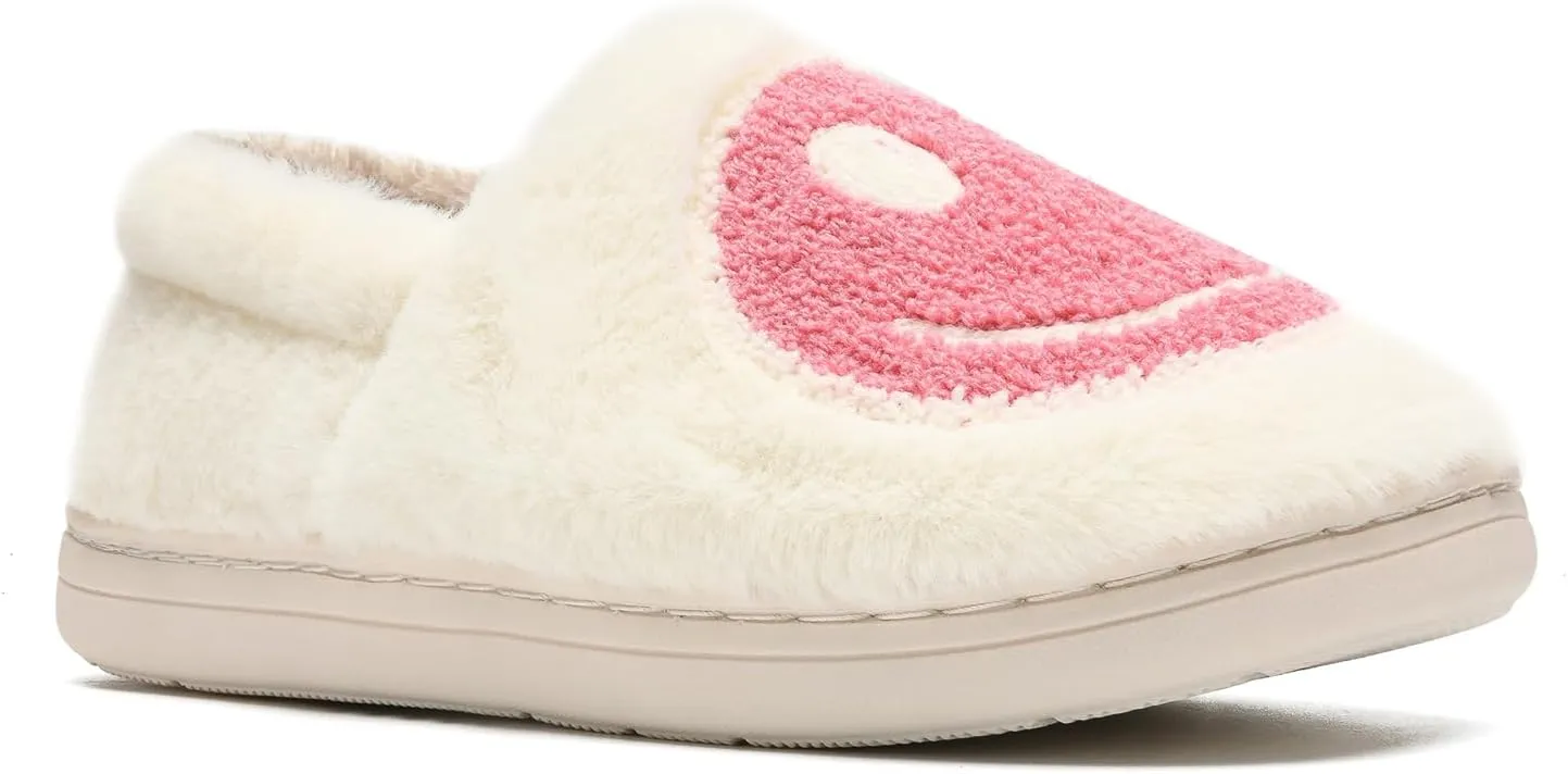 Smile Face Slippers,Retro Soft Plush Smile Fleece Lined House Shoes for Women Fuzzy Memory Foam Closed Back Slippers Anti Skid TPR Soft Sole