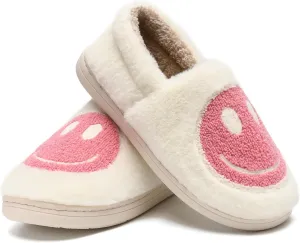 Smile Face Slippers,Retro Soft Plush Smile Fleece Lined House Shoes for Women Fuzzy Memory Foam Closed Back Slippers Anti Skid TPR Soft Sole