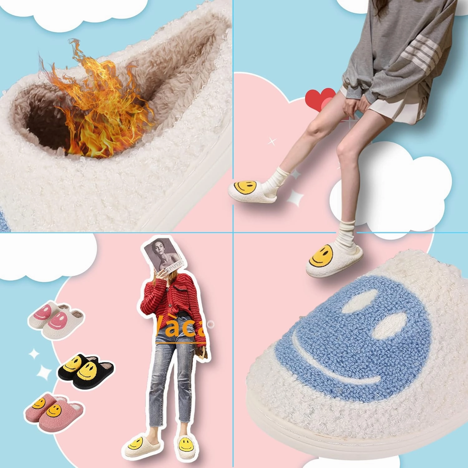 Smile Face Slippers For Women Men, Retro Soft Plush Lightweight Cute Happy Face House Slides, Cozy Fluffy Warm Home Cloud Slippers Slip-On Fleece Shoes Non-Slip Indoor Outdoor