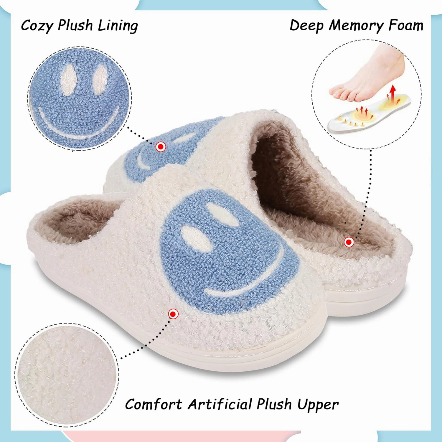 Smile Face Slippers For Women Men, Retro Soft Plush Lightweight Cute Happy Face House Slides, Cozy Fluffy Warm Home Cloud Slippers Slip-On Fleece Shoes Non-Slip Indoor Outdoor