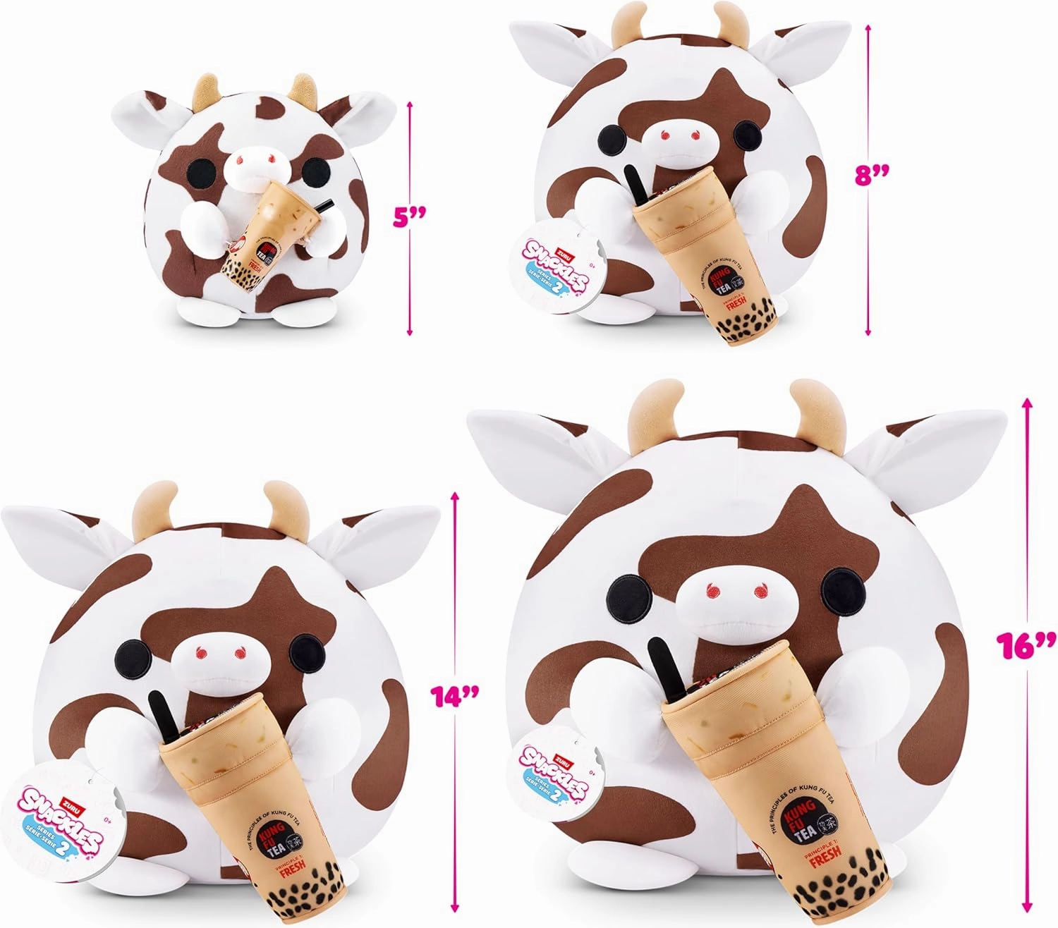 Snackles Series 2 16-inch by ZURU Cuddly Squishy Comfort 16-inch Plush with Licensed Snack Brand Accessory (Cow&Kung Fu Tea Bubble Tea)