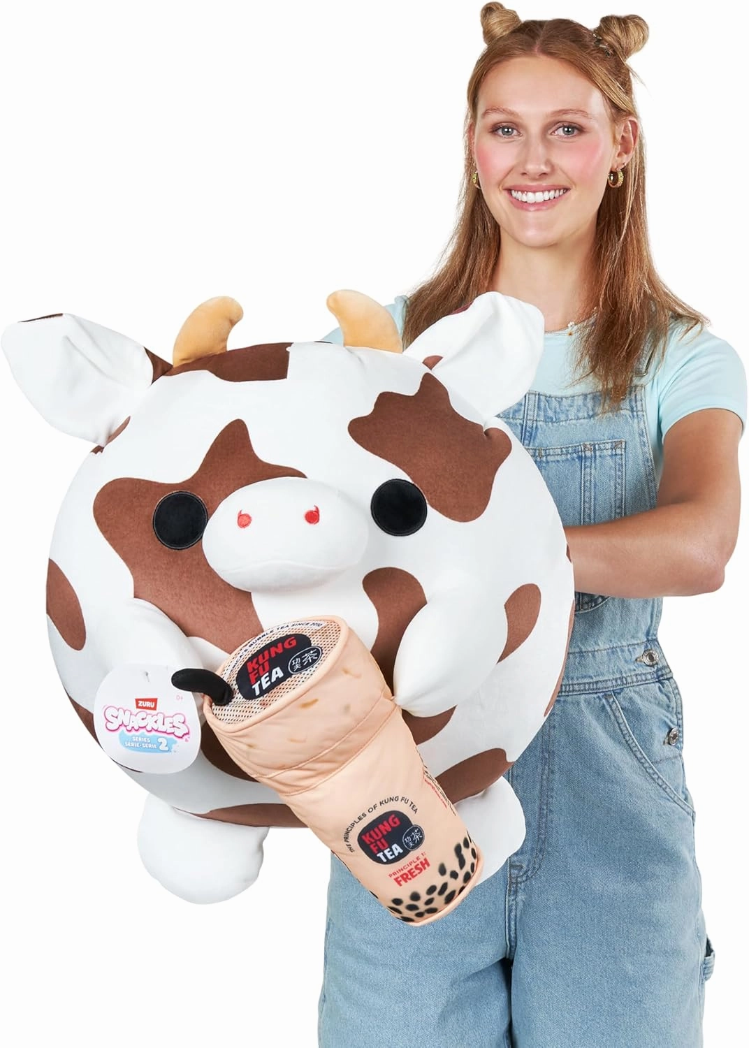 Snackles Series 2 16-inch by ZURU Cuddly Squishy Comfort 16-inch Plush with Licensed Snack Brand Accessory (Cow&Kung Fu Tea Bubble Tea)