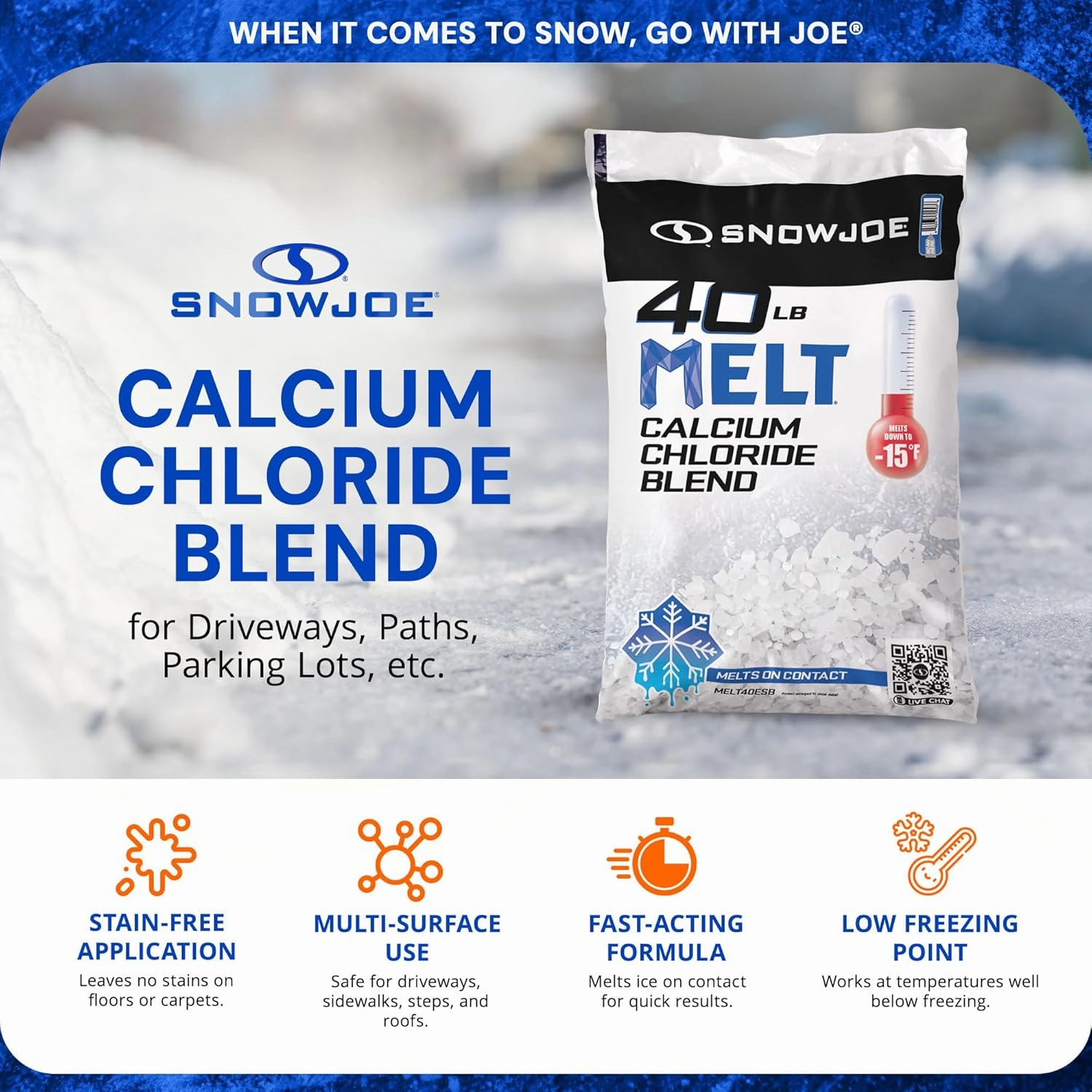Snow Joe Calcium Chloride Blend Snow & Ice Melt, Fast-Acting Pellet-Form Deicer, 40 lb - Pet-Friendly Melter for Driveways, Roofs, Sidewalks & Stairs, Non-Tracking & Easy-Pour Pellets