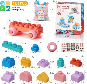 Soft Block Sets for Toddler Aged 2 3 4 5 6 Years Old.Preschool Toy for Early Childhood Education and I-Interactive.Toddler Block Toys with 101 Pieces and Storage Bag.Gift Ideas for Kids Age 18  mouths