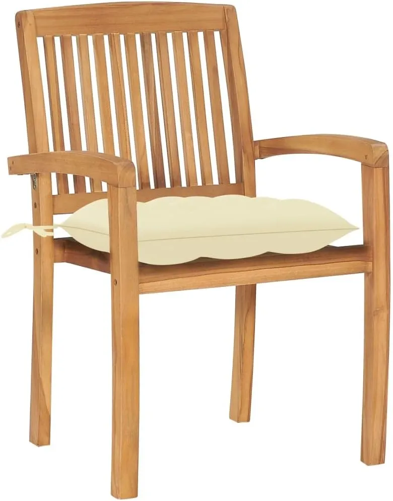 Solid Teak Wood Patio Chairs 2-Piece Set with Cream White Cushions Outdoor Furniture Stackable Lounge Chairs for Garden Poolside Deck and Indoor Use