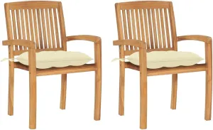 Solid Teak Wood Patio Chairs 2-Piece Set with Cream White Cushions Outdoor Furniture Stackable Lounge Chairs for Garden Poolside Deck and Indoor Use