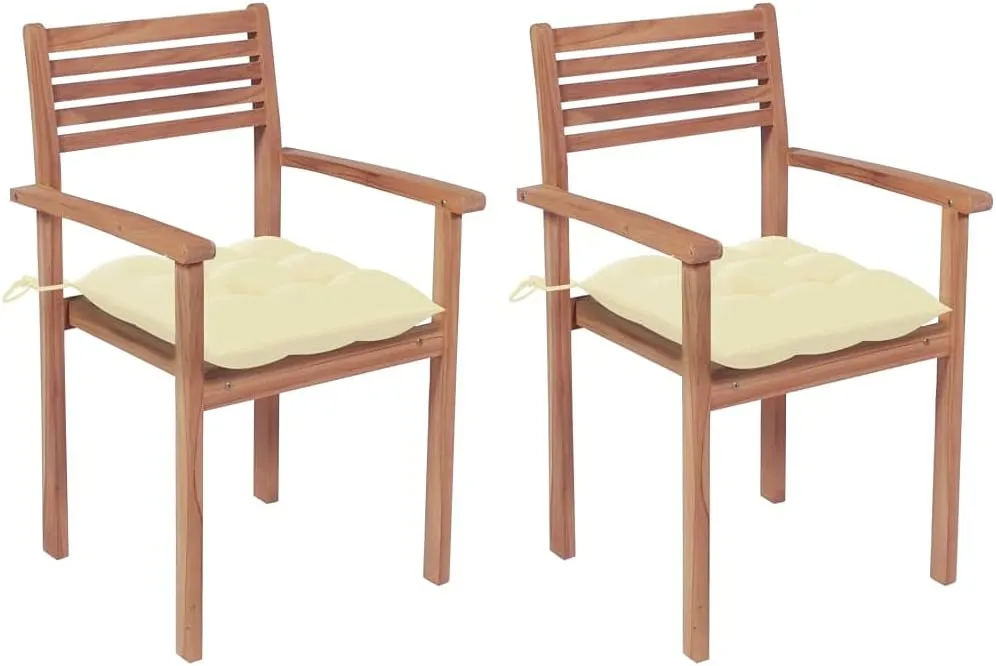 Solid Teak Wood Patio Chairs with Cream White Cushions, 2-Piece Stackable Outdoor Furniture Set for Poolside Backyard Lawn Beach Camping