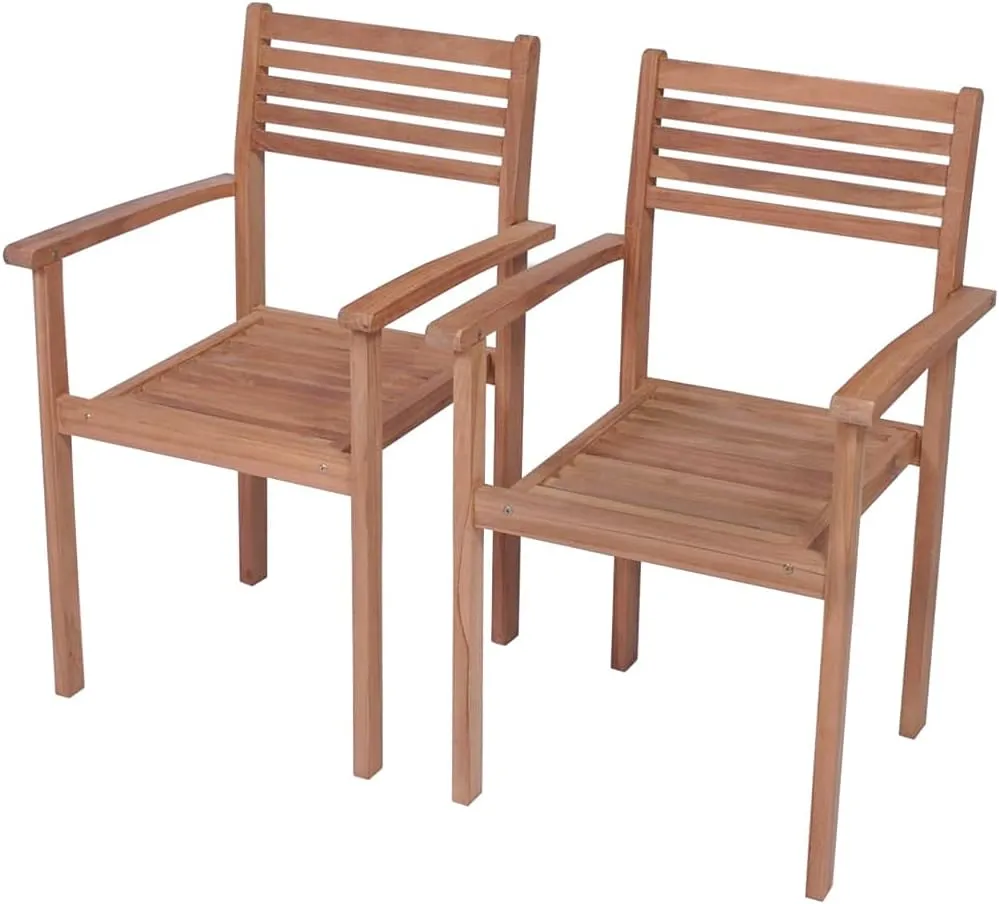 Solid Teak Wood Patio Chairs with Cream White Cushions, 2-Piece Stackable Outdoor Furniture Set for Poolside Backyard Lawn Beach Camping