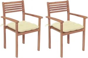 Solid Teak Wood Patio Chairs with Cream White Cushions, 2-Piece Stackable Outdoor Furniture Set for Poolside Backyard Lawn Beach Camping