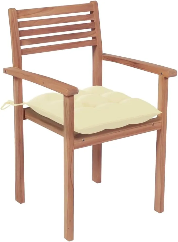 Solid Teak Wood Patio Chairs with Cream White Cushions, 2-Piece Stackable Outdoor Furniture Set for Poolside Backyard Lawn Beach Camping