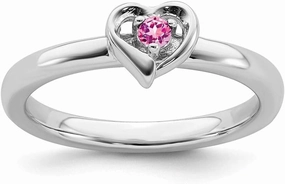 Solid 925 Sterling Silver Stackable Created Pink Sapphire Heart Ring Eternity Band