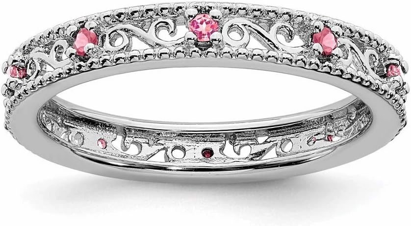 Solid 925 Sterling Silver Stackable Created Pink Sapphire Ring Eternity Band