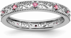 Solid 925 Sterling Silver Stackable Created Pink Sapphire Ring Eternity Band