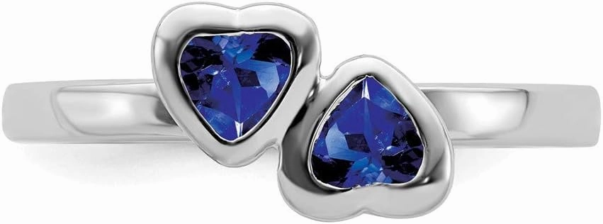 Solid 925 Sterling Silver Stackable Created Sapphire Blue September Gemstone Double Heart Ring Eternity Band