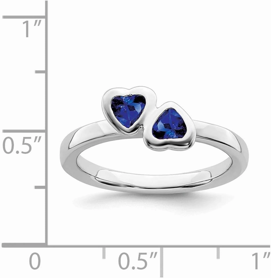 Solid 925 Sterling Silver Stackable Created Sapphire Blue September Gemstone Double Heart Ring Eternity Band