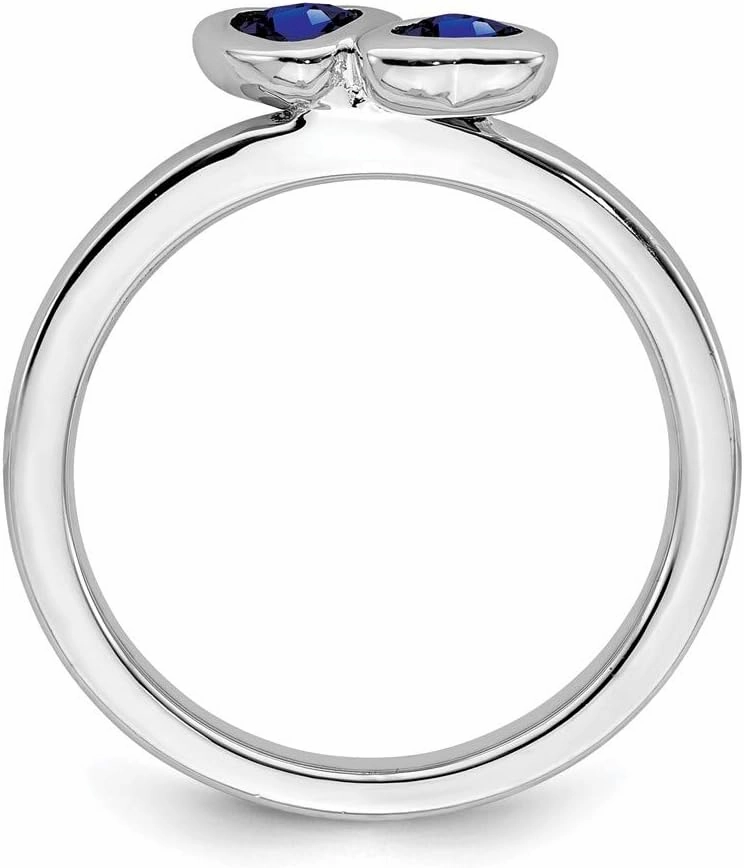 Solid 925 Sterling Silver Stackable Created Sapphire Blue September Gemstone Double Heart Ring Eternity Band