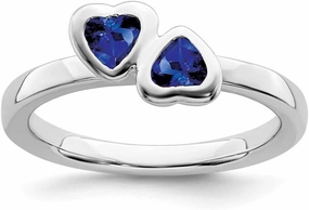 Solid 925 Sterling Silver Stackable Created Sapphire Blue September Gemstone Double Heart Ring Eternity Band