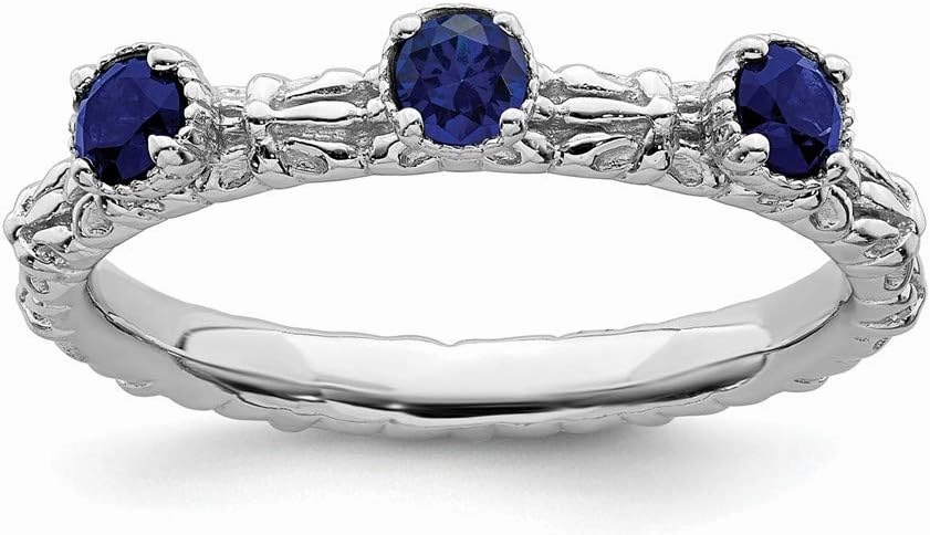 Solid 925 Sterling Silver Stackable Created Sapphire Blue September Gemstone Three Stone Ring Eternity Band
