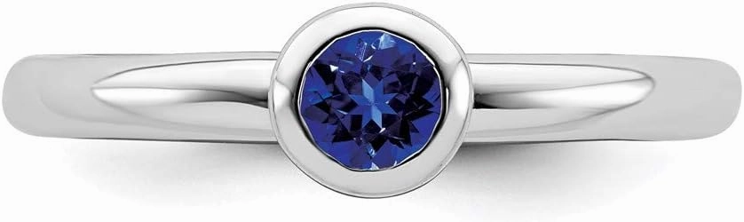 Solid 925 Sterling Silver Stackable Low 4mm Round Created Sapphire Blue September Gemstone Ring Eternity Band
