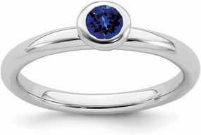 Solid 925 Sterling Silver Stackable Low 4mm Round Created Sapphire Blue September Gemstone Ring Eternity Band